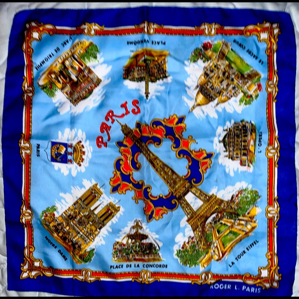 VINTAGE AUTHENTIC ROGER L. PARIS HISTORICAL BLUE 19-inch SQUARE SMALL SCARF.